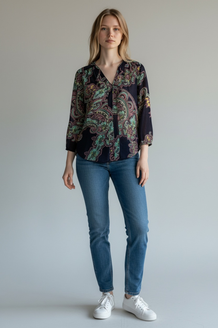 Poema Sheer Blue Paisley Pattern Blouse with Three-Quarter Sleeves
